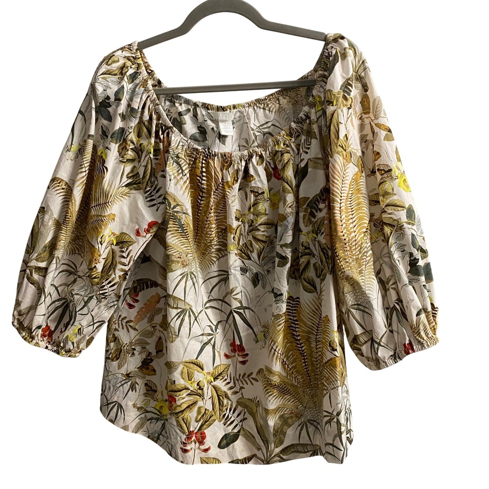H&M Tropical Botanical Palm Print Puff Sleeve On Off Shoulder Cotton Peasant
L